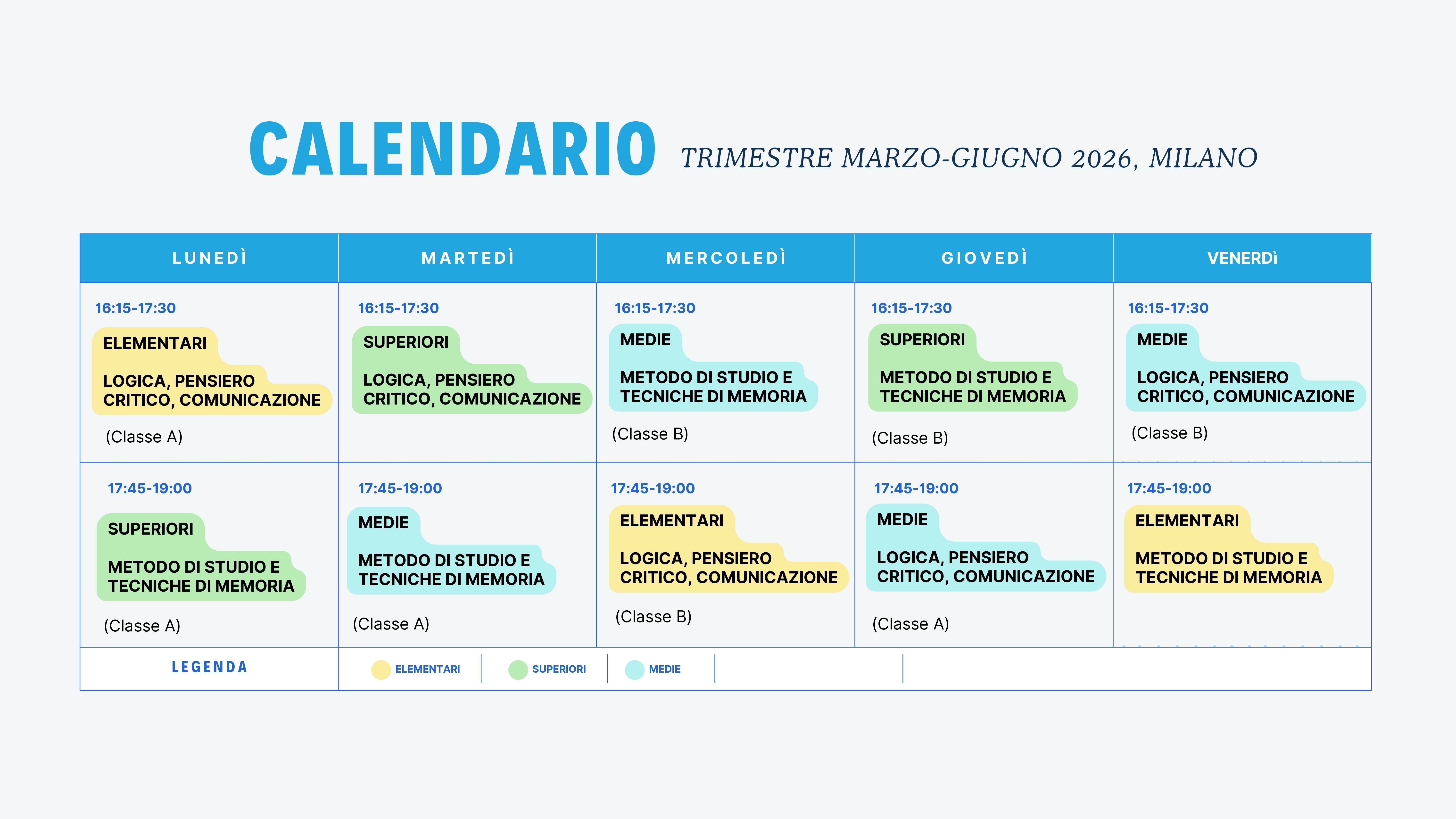 Calendario lezioni Milano